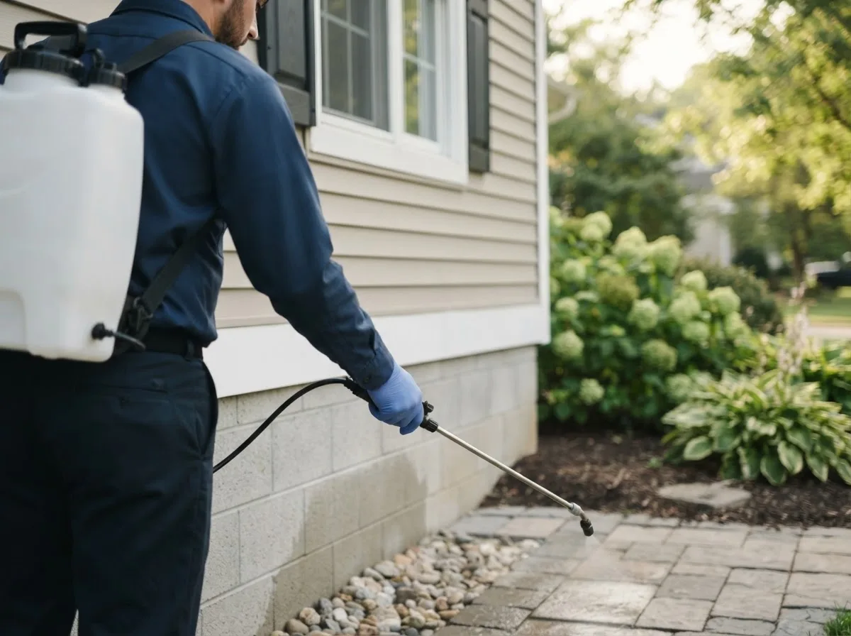 Pest control technician inspecting a home in Alda, NE